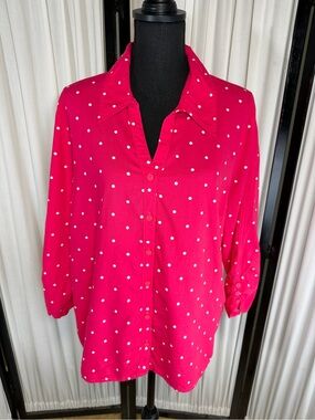 Gloria Vanderbilt Hot Pink Polka Dot Button-Up Cotton Blend Blouse